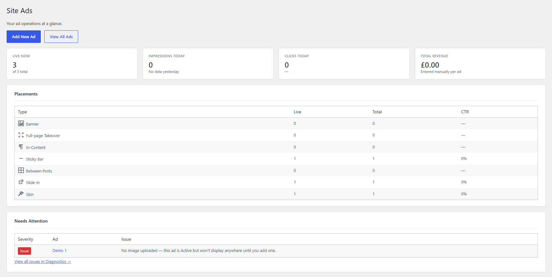 The Site Ads Overview screen in the WordPress admin